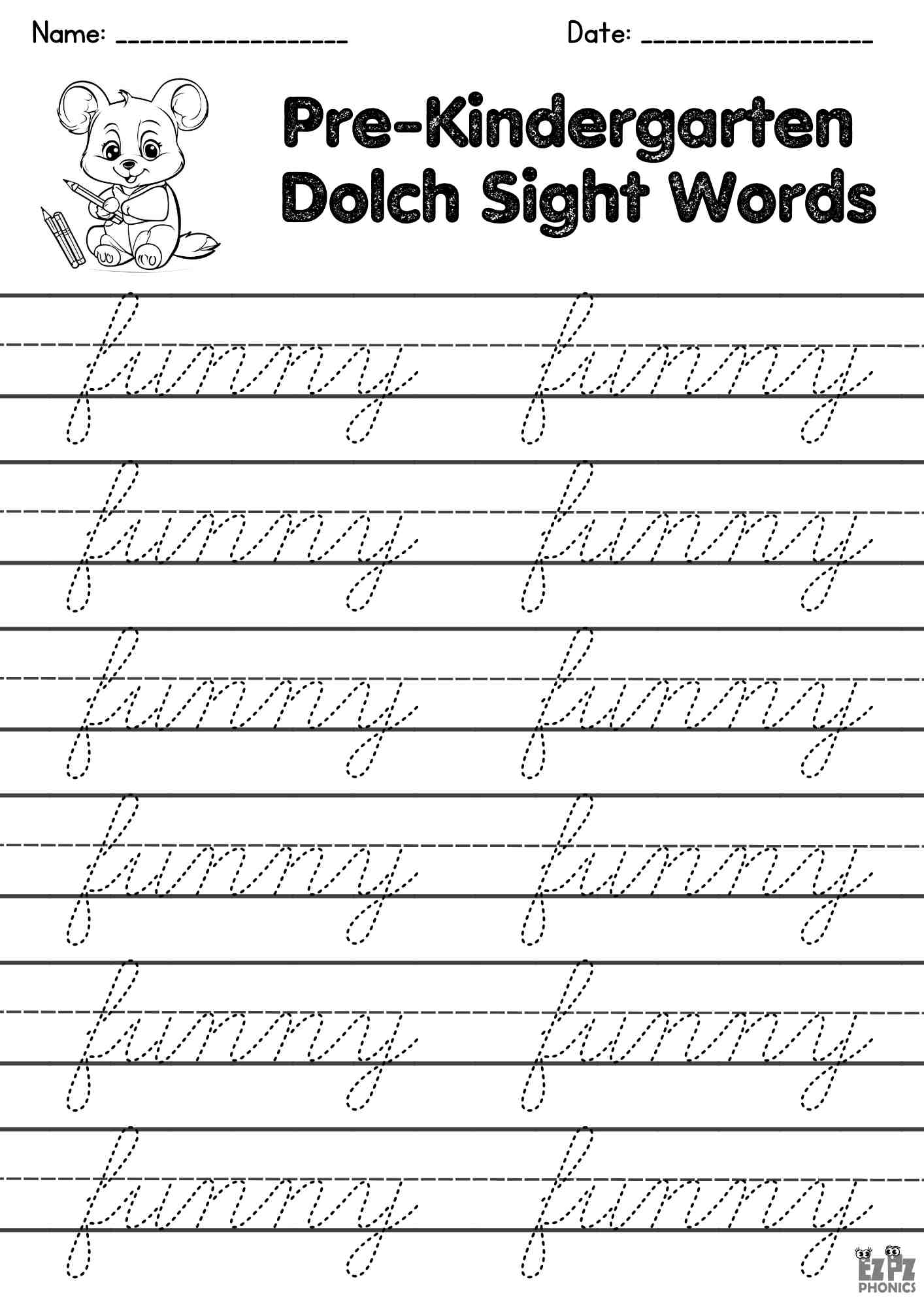 The Word Funny Cursive Writing Practice – Pre-K Dolch Sight Words Free PDF Download